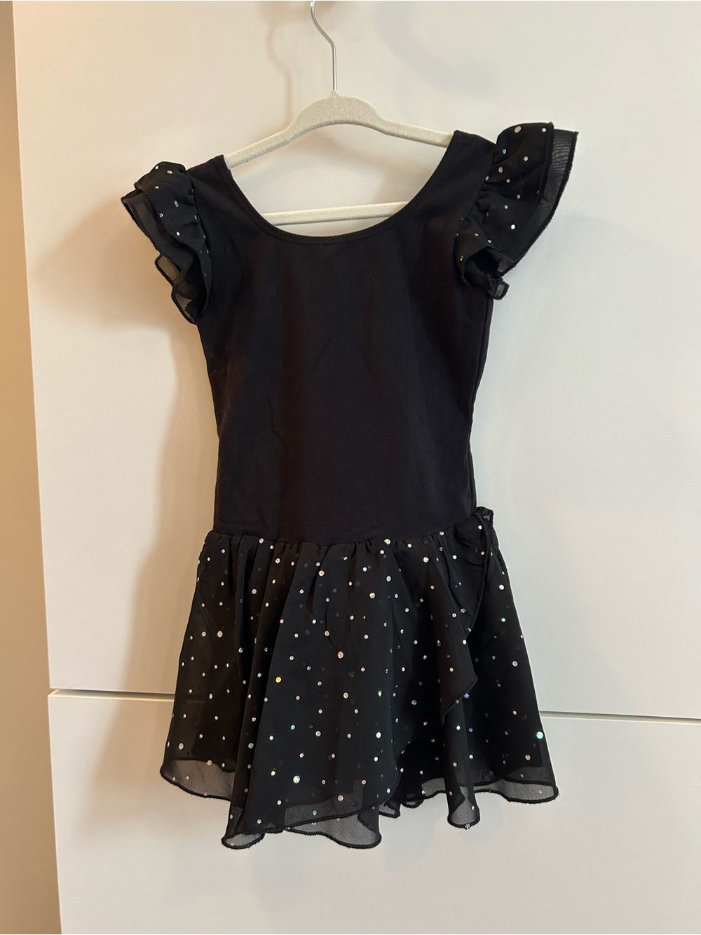 Kids Black Sparkle Flutter Sleeve Tutu Dance Dress - Size 130 (7/8)